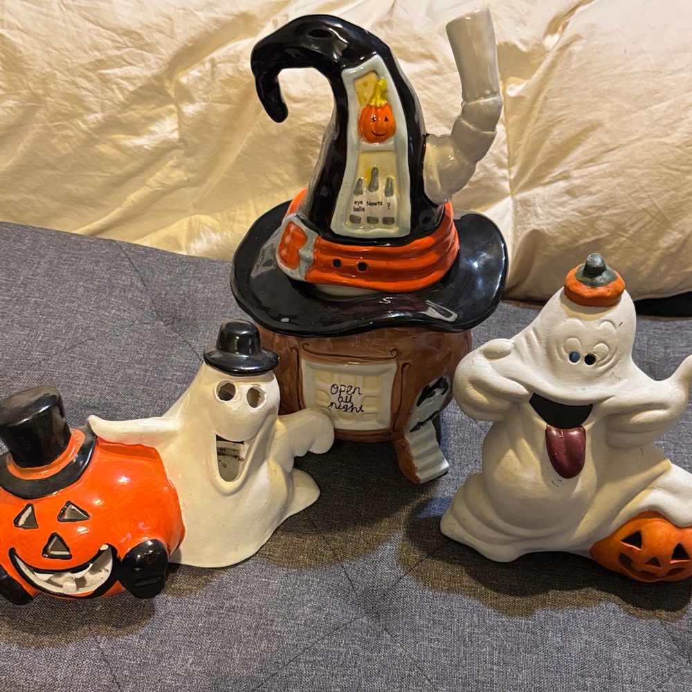 Halloween Ghost and Pumpkin Ceramic Figurine Set